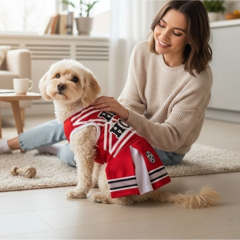 Trickz N’ Treatz ✦ Hell Hound Dog Costume ✦ Red White Cheerleader Fringe Sleeves